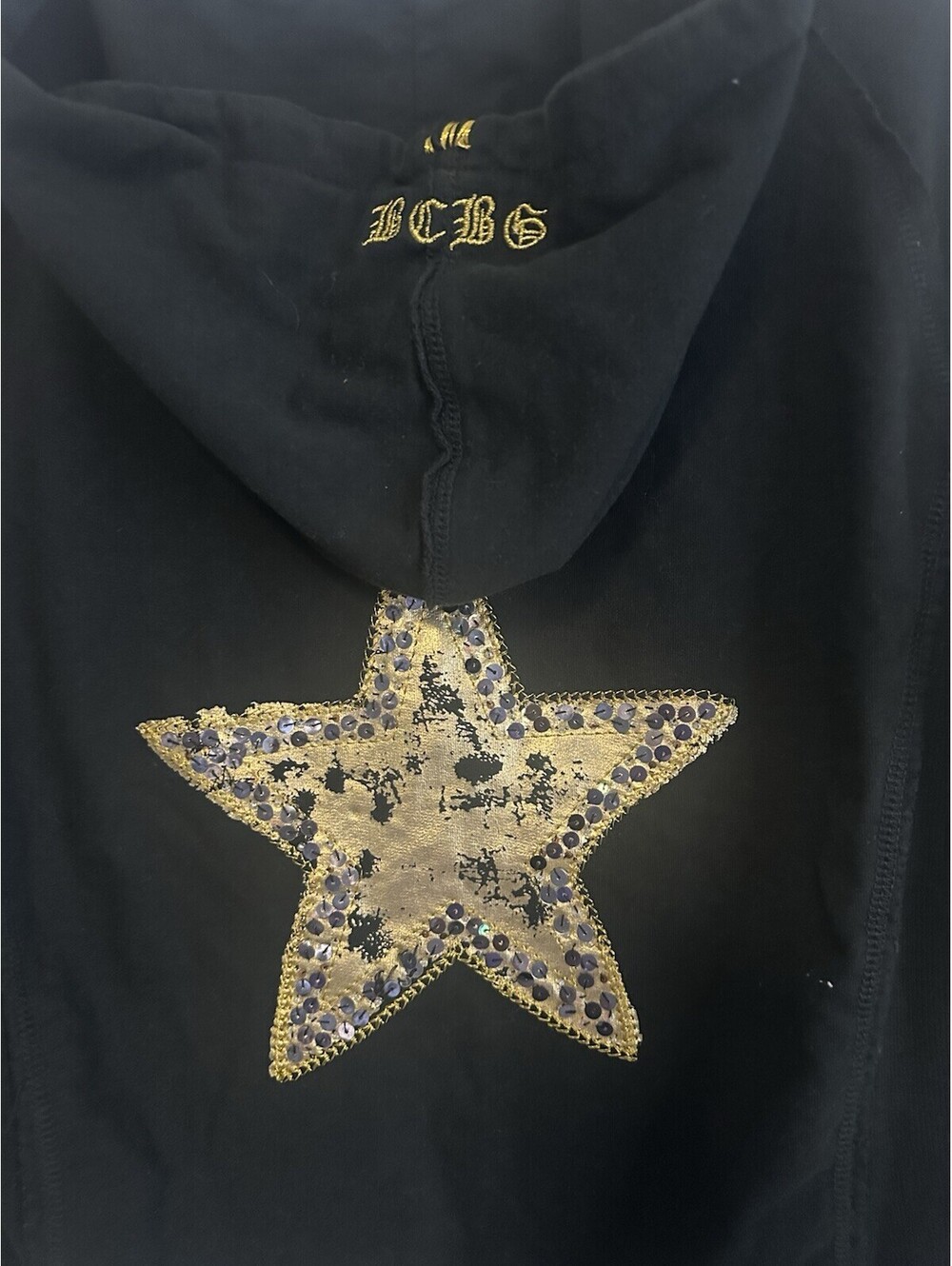 Vintage BCBGMAXAZRIA Black & Gold Sequin Star Dual Zip-Up Hoodie Women’s XL